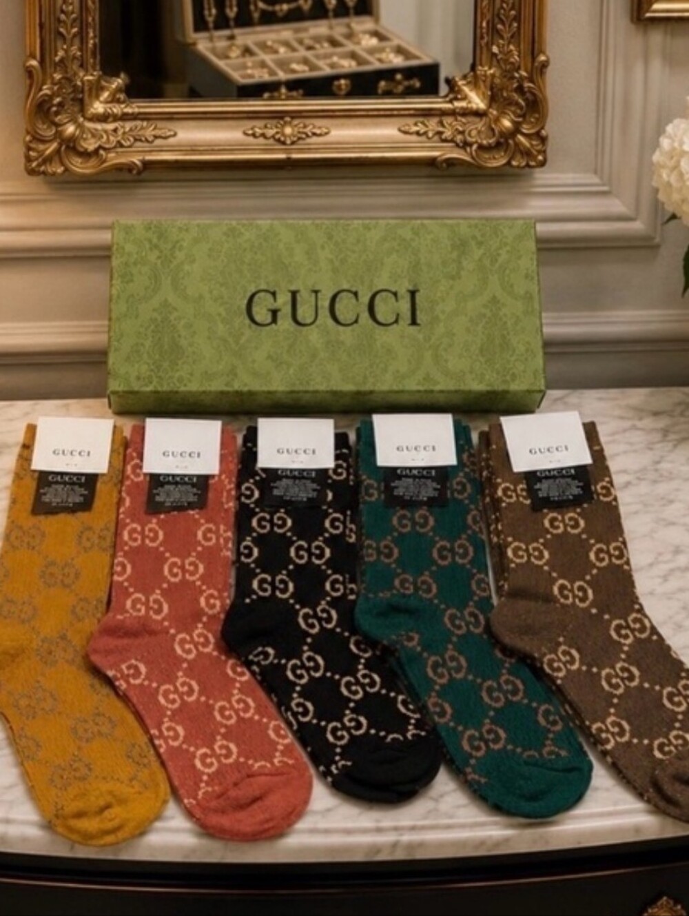 VIP Multicolor GG Jacquard Crew Socks —5 Pair Mustard, Rust, Black, Green, Brown